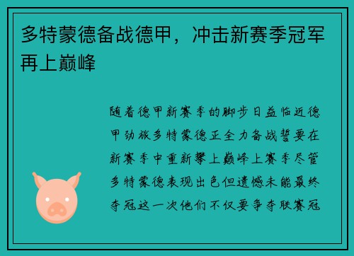 多特蒙德备战德甲，冲击新赛季冠军再上巅峰